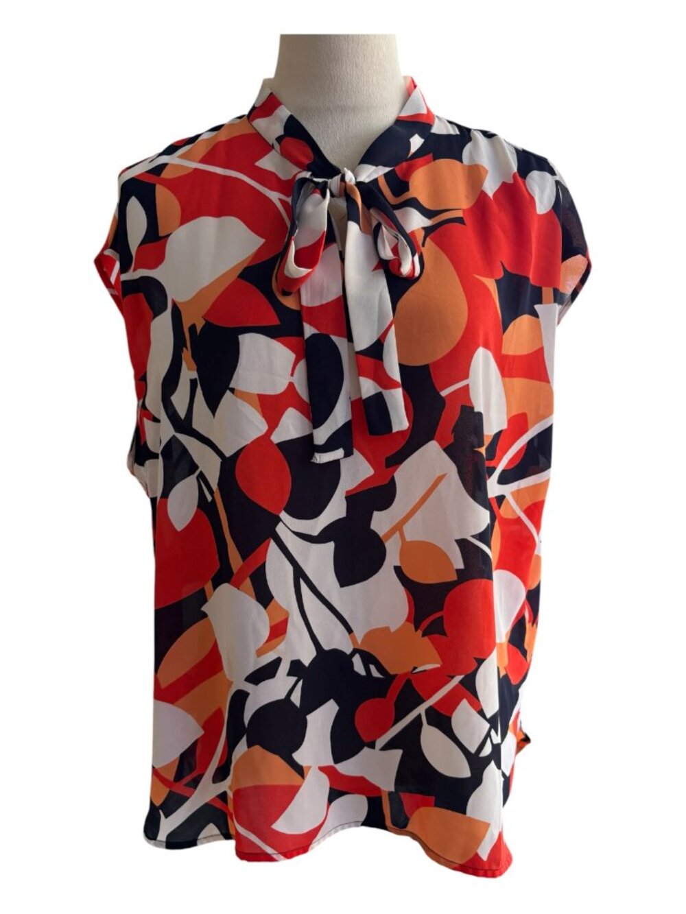 Nine West XL Tie Neck Blouse Red Orange Navy Abstract Floral Cap Sleeve (2747-1)
